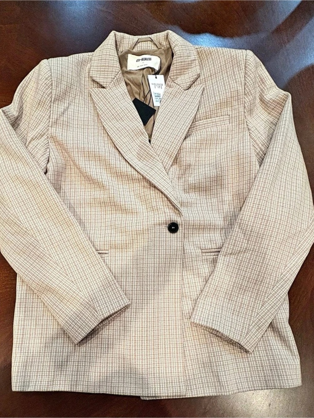 4th & Reckless Blazer XS Beige Taupe Check Tailored Single Button NWT